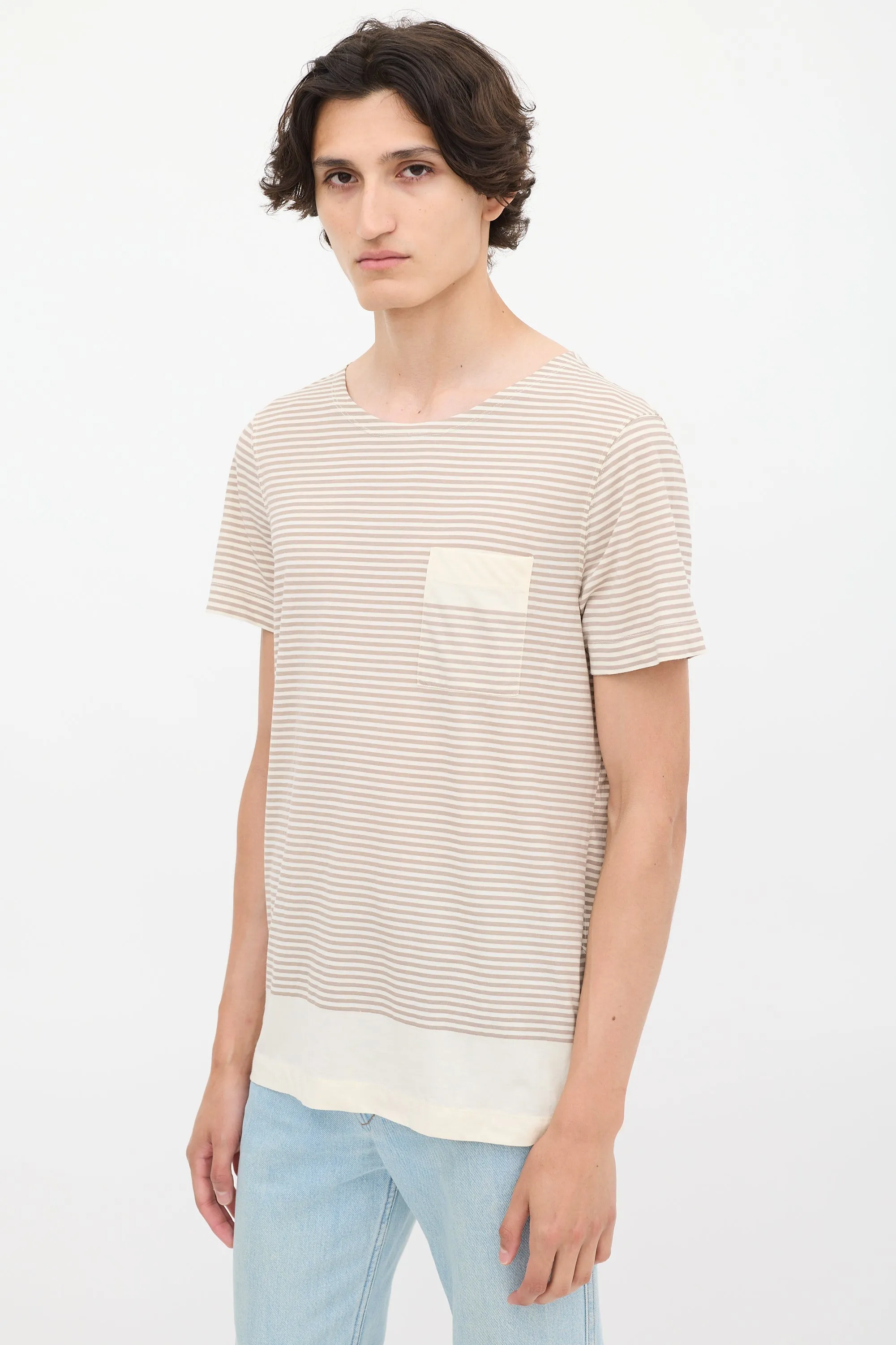 Beige & Brown Striped Pocket T-Shirt