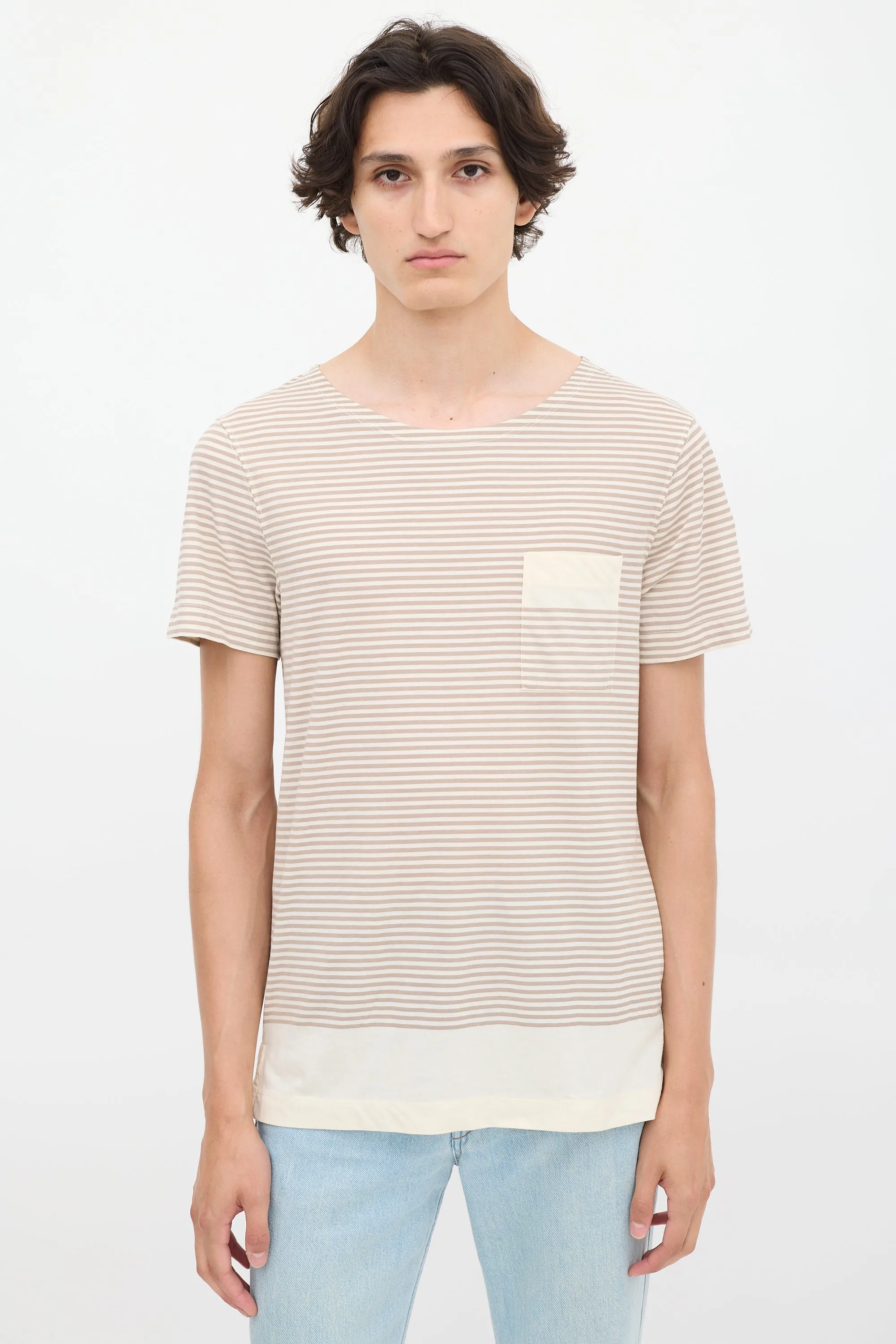 Beige & Brown Striped Pocket T-Shirt