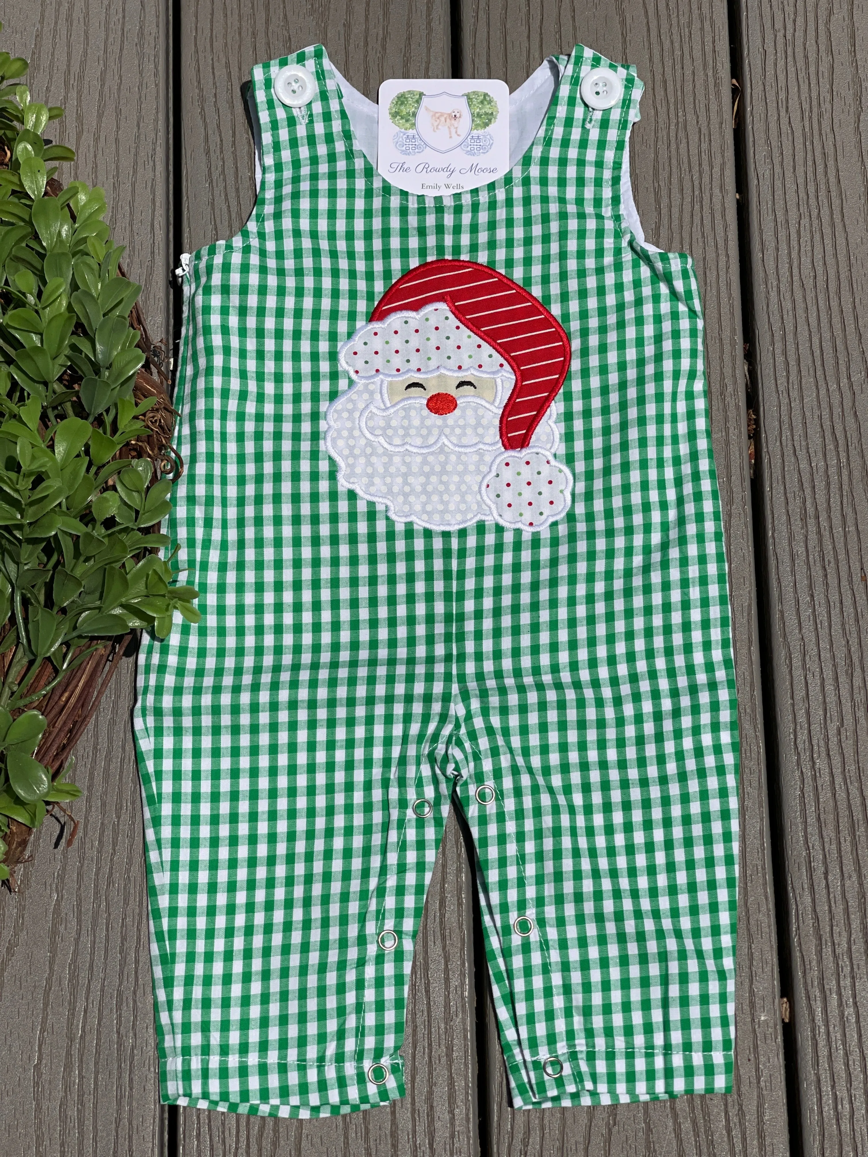 Custom Embroidered, Santa Applique Green Gingham Jumper Dress, Longall, Shirt, Shirt & Pant Set