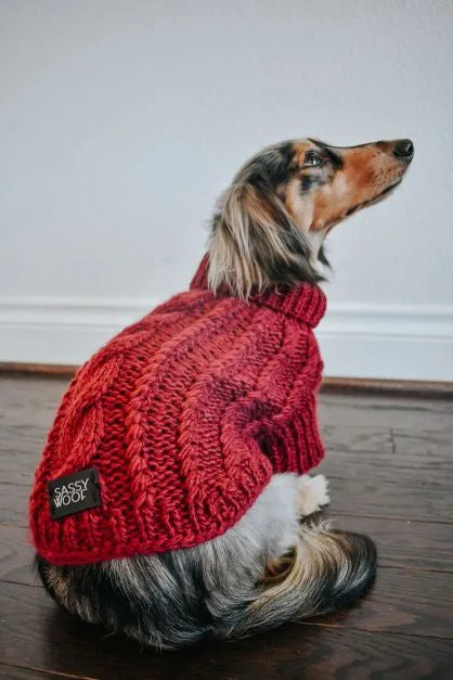 Dog Cable Knit Sweater - Maroon