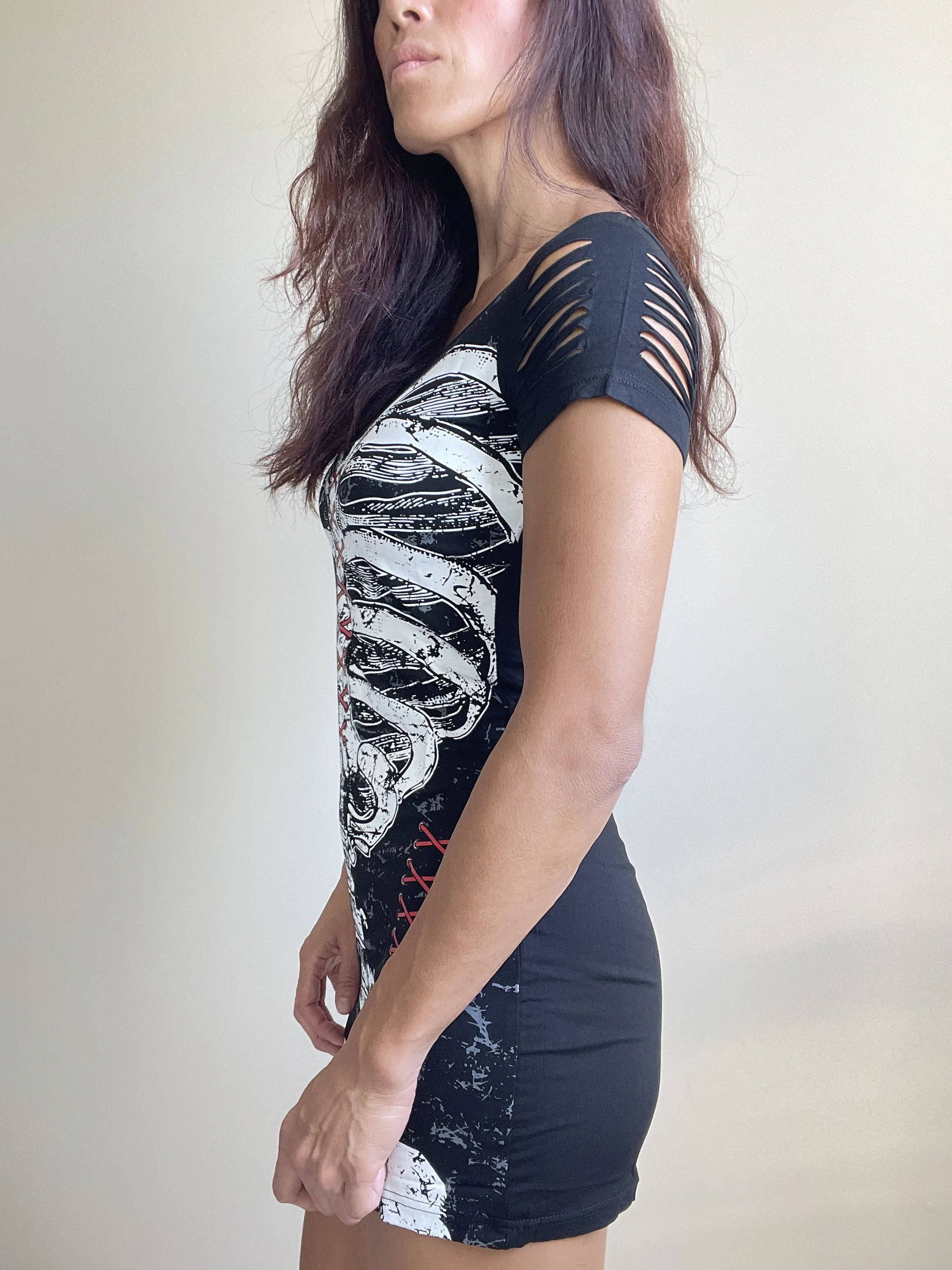 Gothic Skeleton Ribcage Print with Spine cut out Extra Length Top