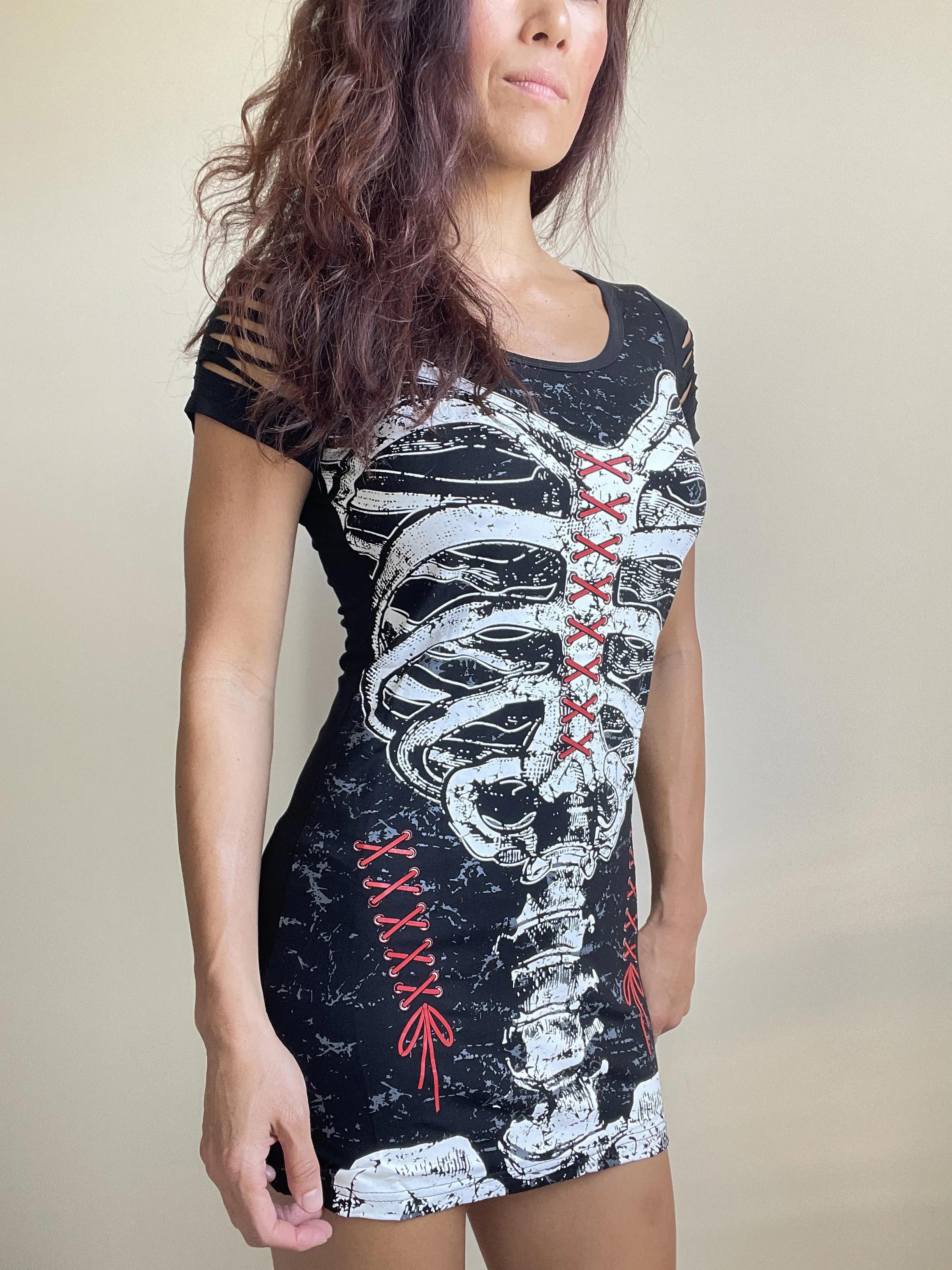 Gothic Skeleton Ribcage Print with Spine cut out Extra Length Top