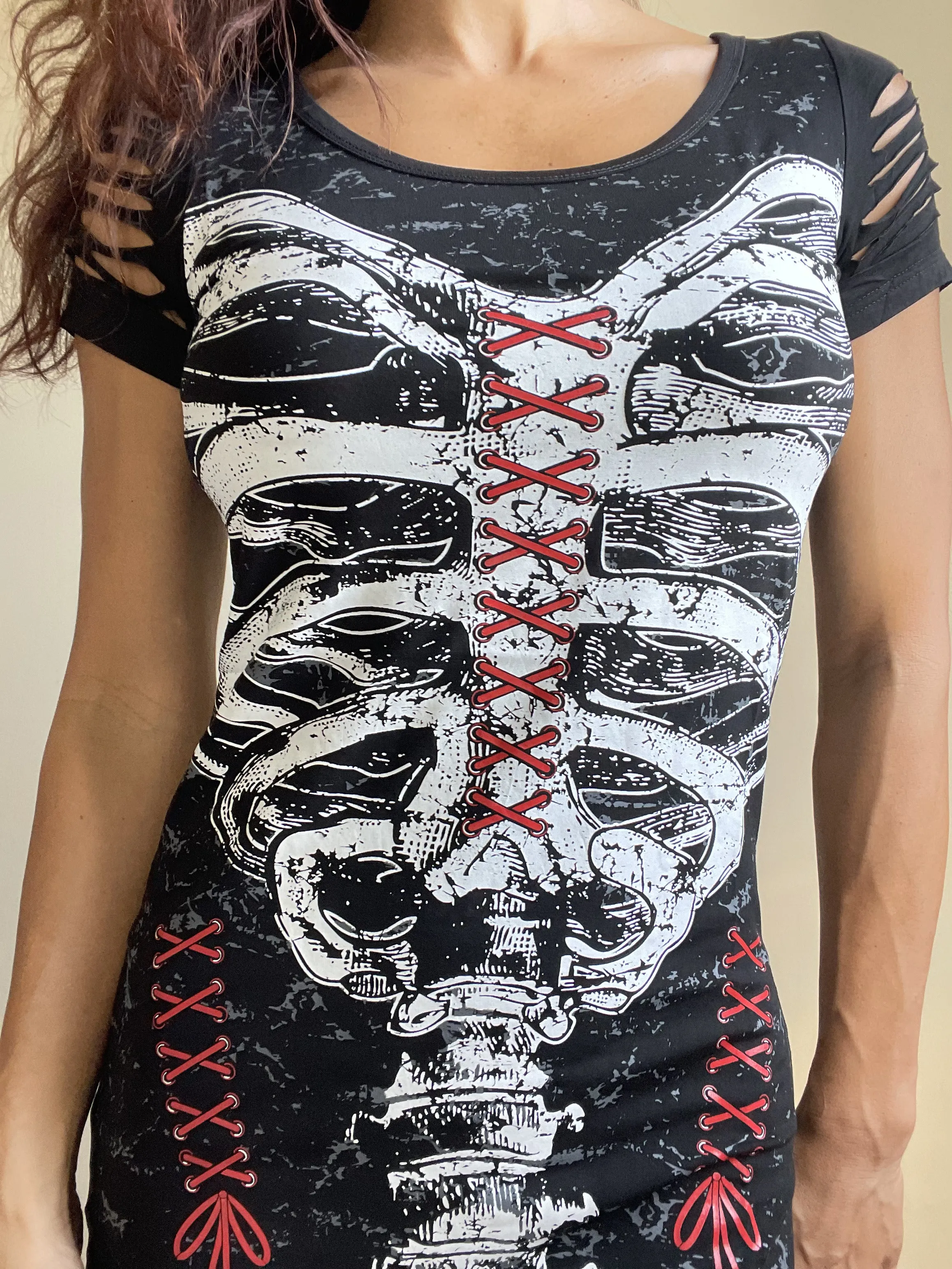 Gothic Skeleton Ribcage Print with Spine cut out Extra Length Top