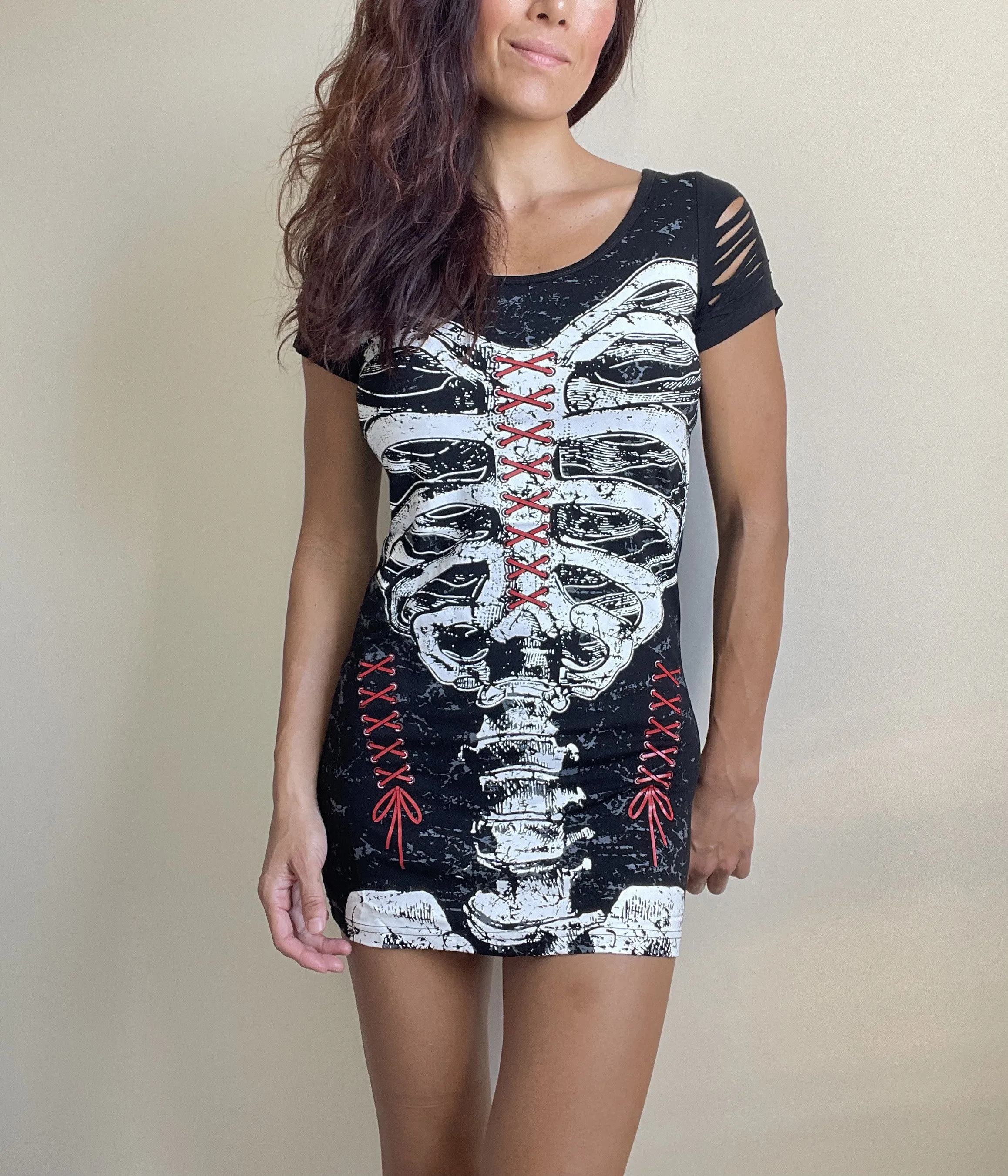 Gothic Skeleton Ribcage Print with Spine cut out Extra Length Top