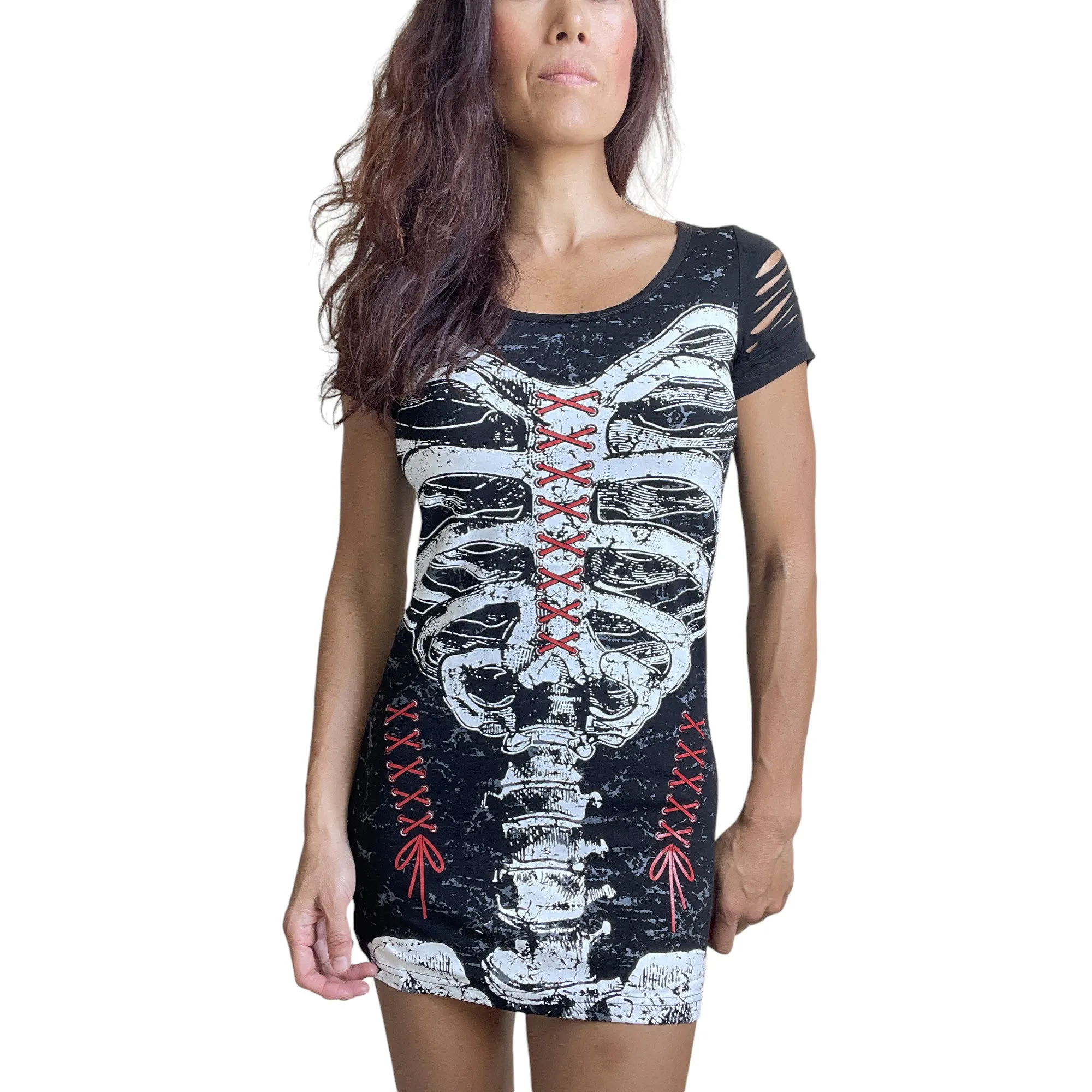 Gothic Skeleton Ribcage Print with Spine cut out Extra Length Top