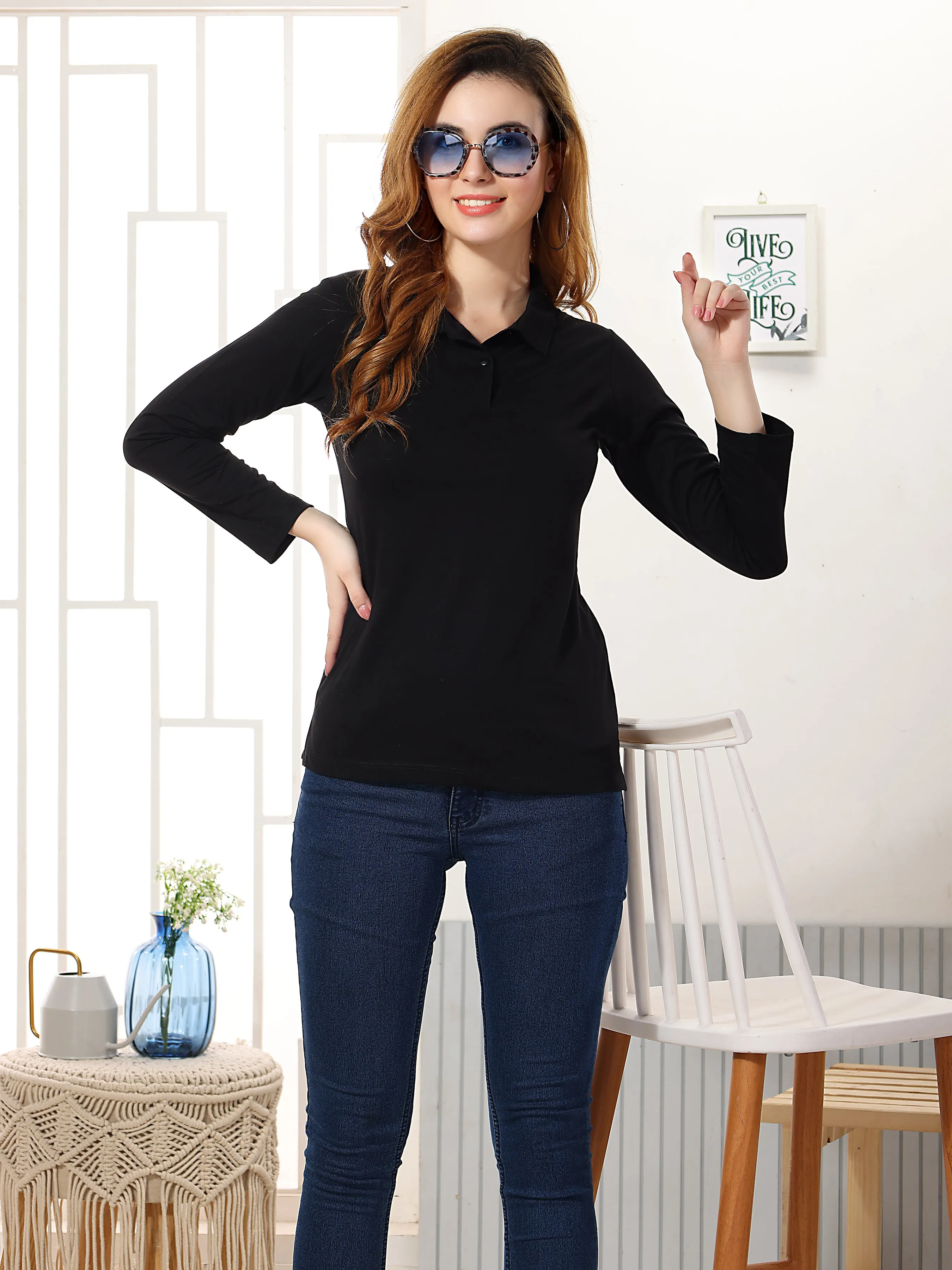 Plain T-shirt (Full sleeves): Stylish Collar Tops for Women