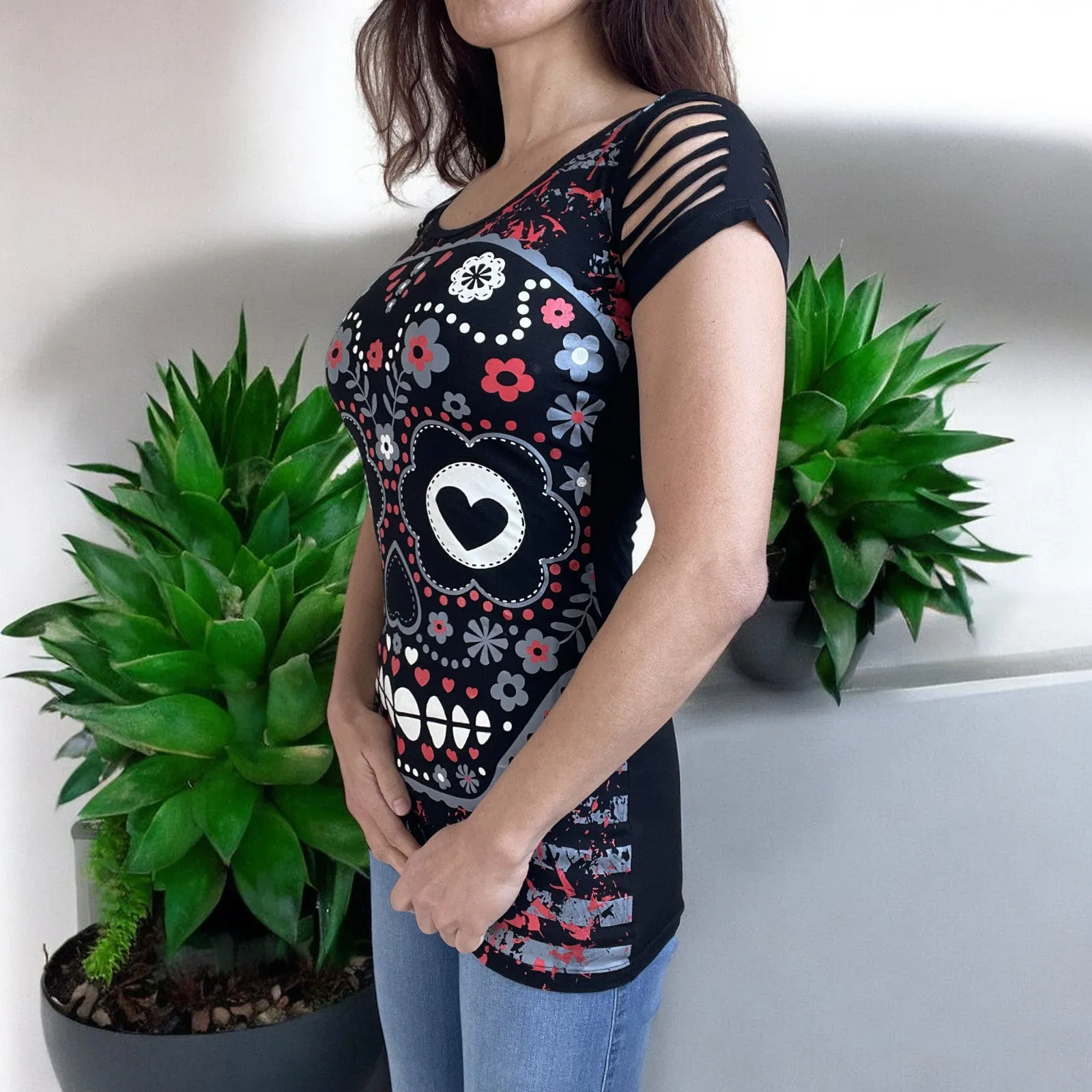 Rockabilly Love Day of the Dead Flower Candy Sugar Skull Cut Out Shoulder Top