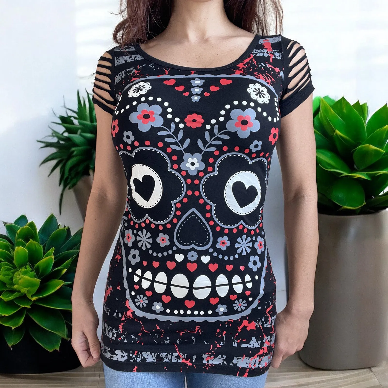 Rockabilly Love Day of the Dead Flower Candy Sugar Skull Cut Out Shoulder Top