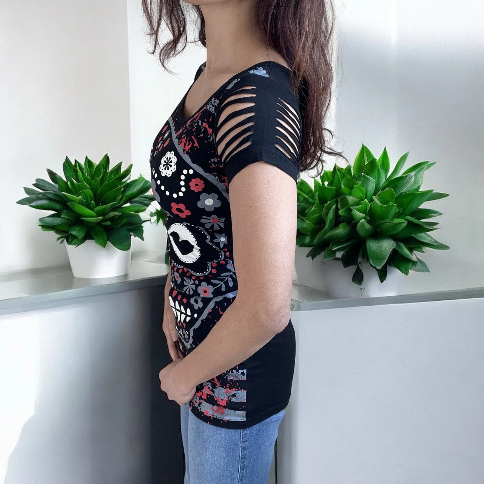 Rockabilly Love Day of the Dead Flower Candy Sugar Skull Cut Out Shoulder Top