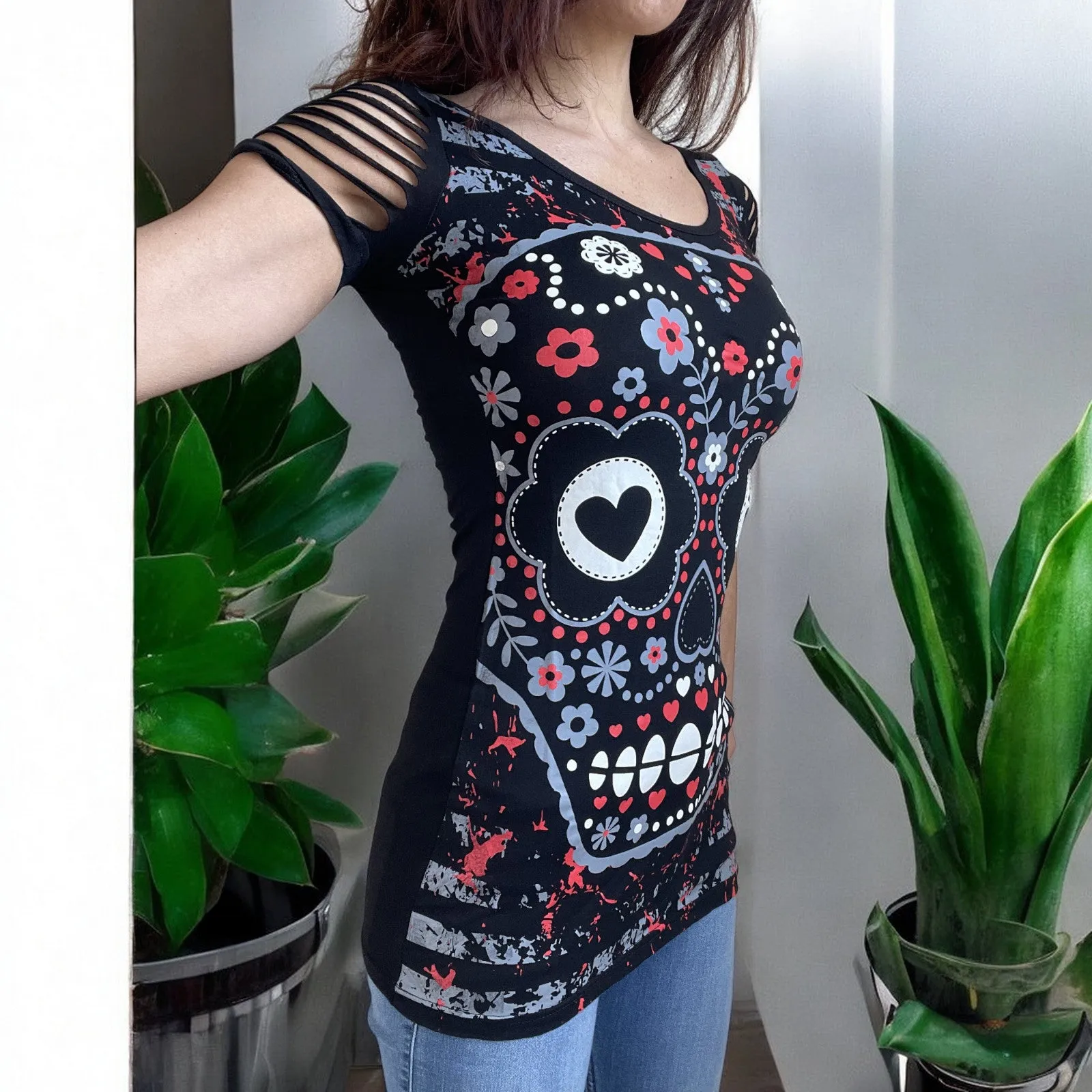 Rockabilly Love Day of the Dead Flower Candy Sugar Skull Cut Out Shoulder Top
