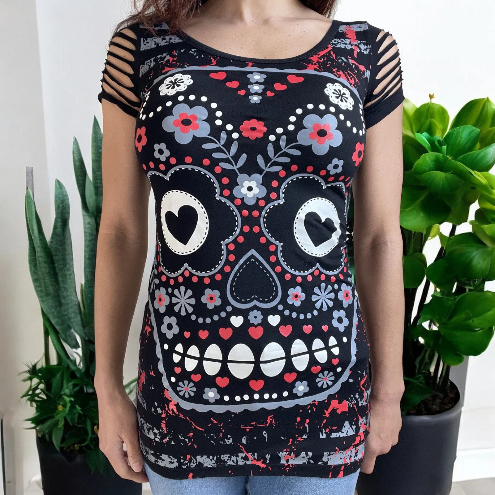 Rockabilly Love Day of the Dead Flower Candy Sugar Skull Cut Out Shoulder Top