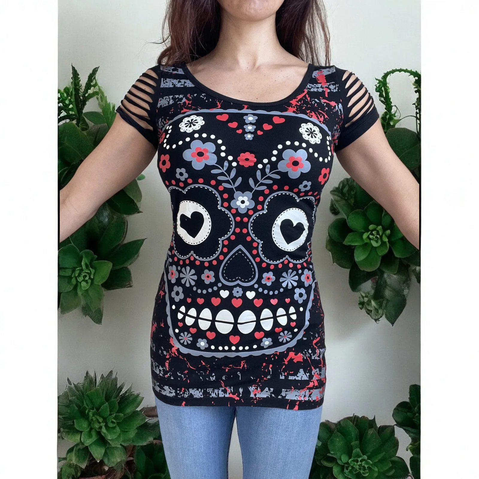 Rockabilly Love Day of the Dead Flower Candy Sugar Skull Cut Out Shoulder Top