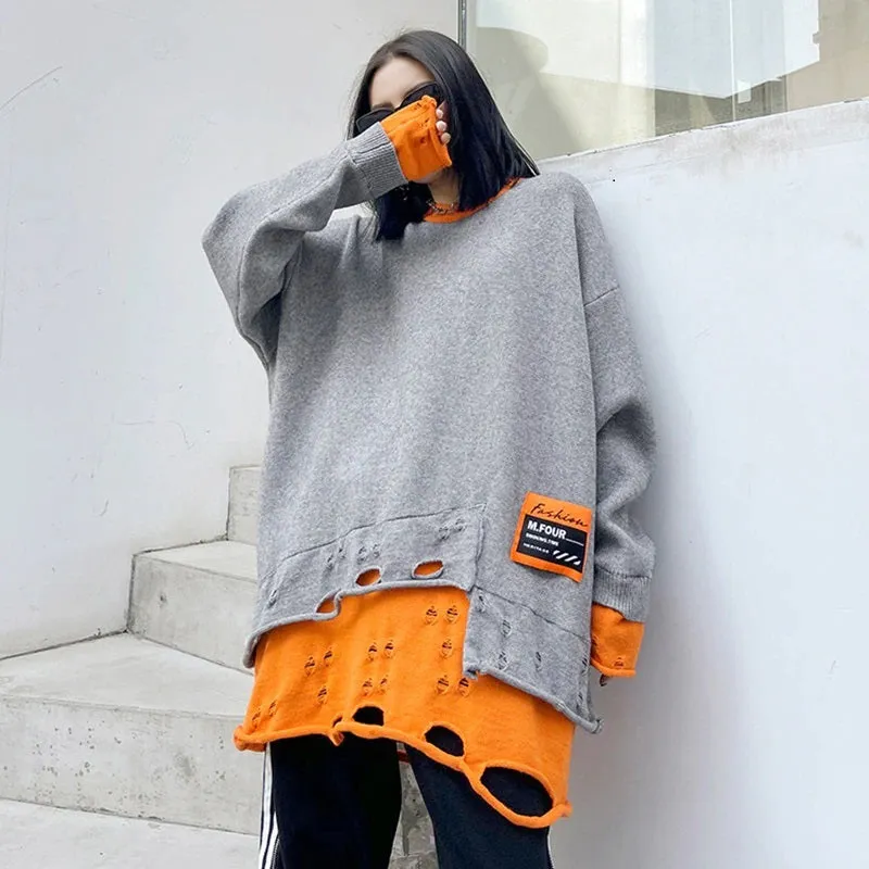 Rounded Collar Two Layer Oversized Knit Tunic  Long Sleeve Gray/Orange