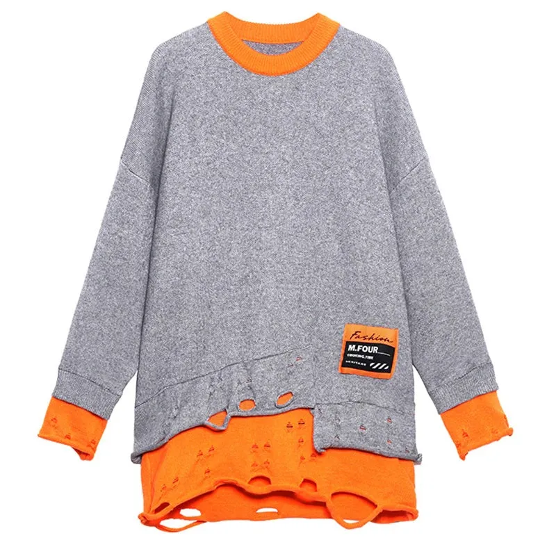 Rounded Collar Two Layer Oversized Knit Tunic  Long Sleeve Gray/Orange