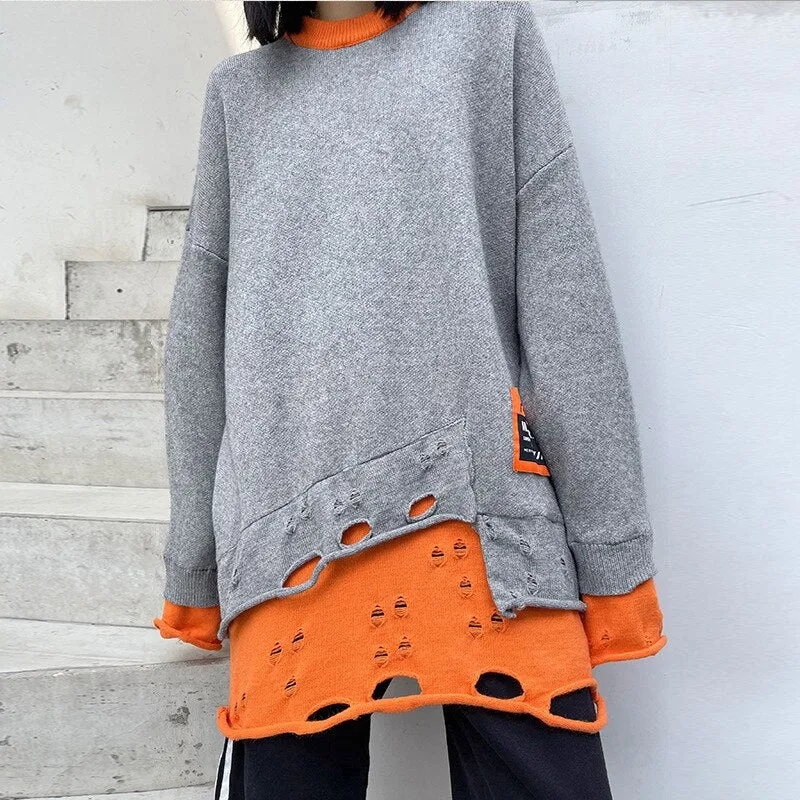 Rounded Collar Two Layer Oversized Knit Tunic  Long Sleeve Gray/Orange