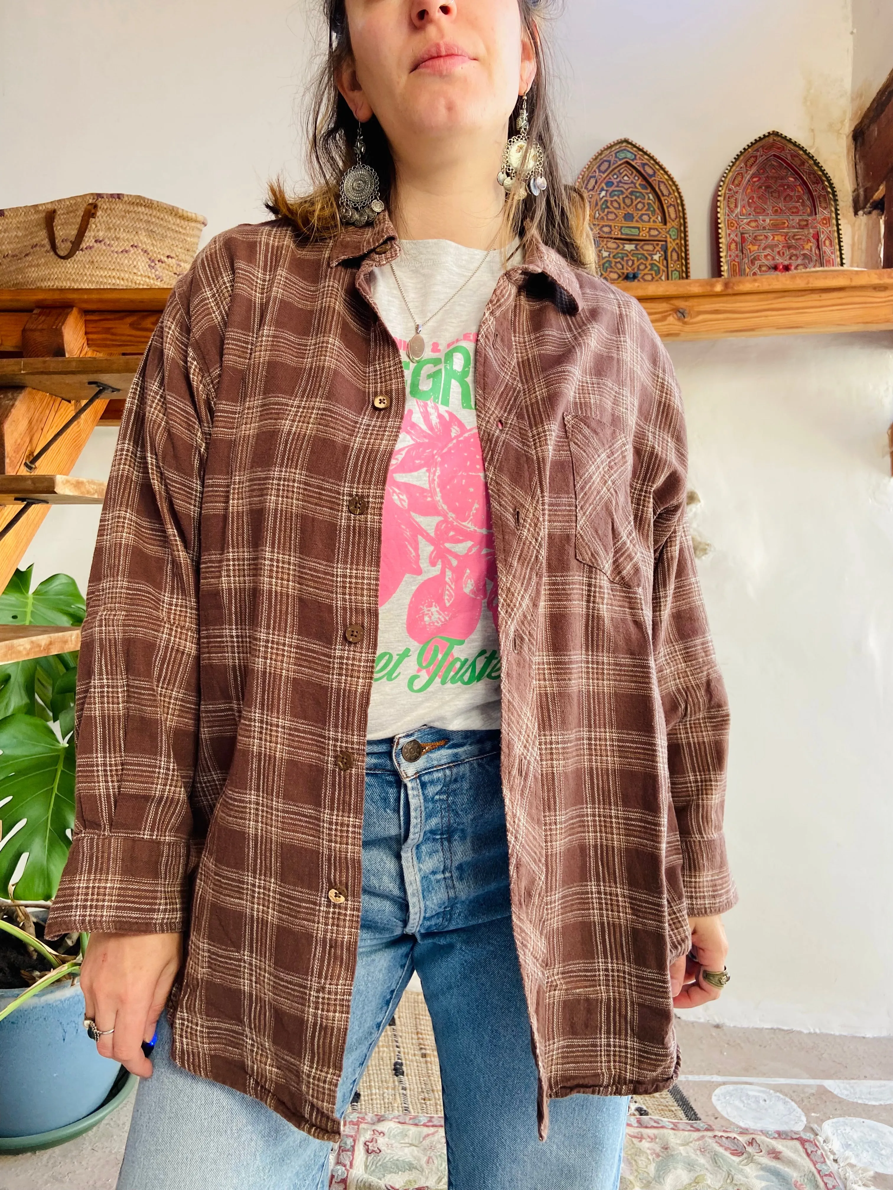 VINTAGE 90’s Brown Flannel Checked Long Sleeve Shirt - M/L
