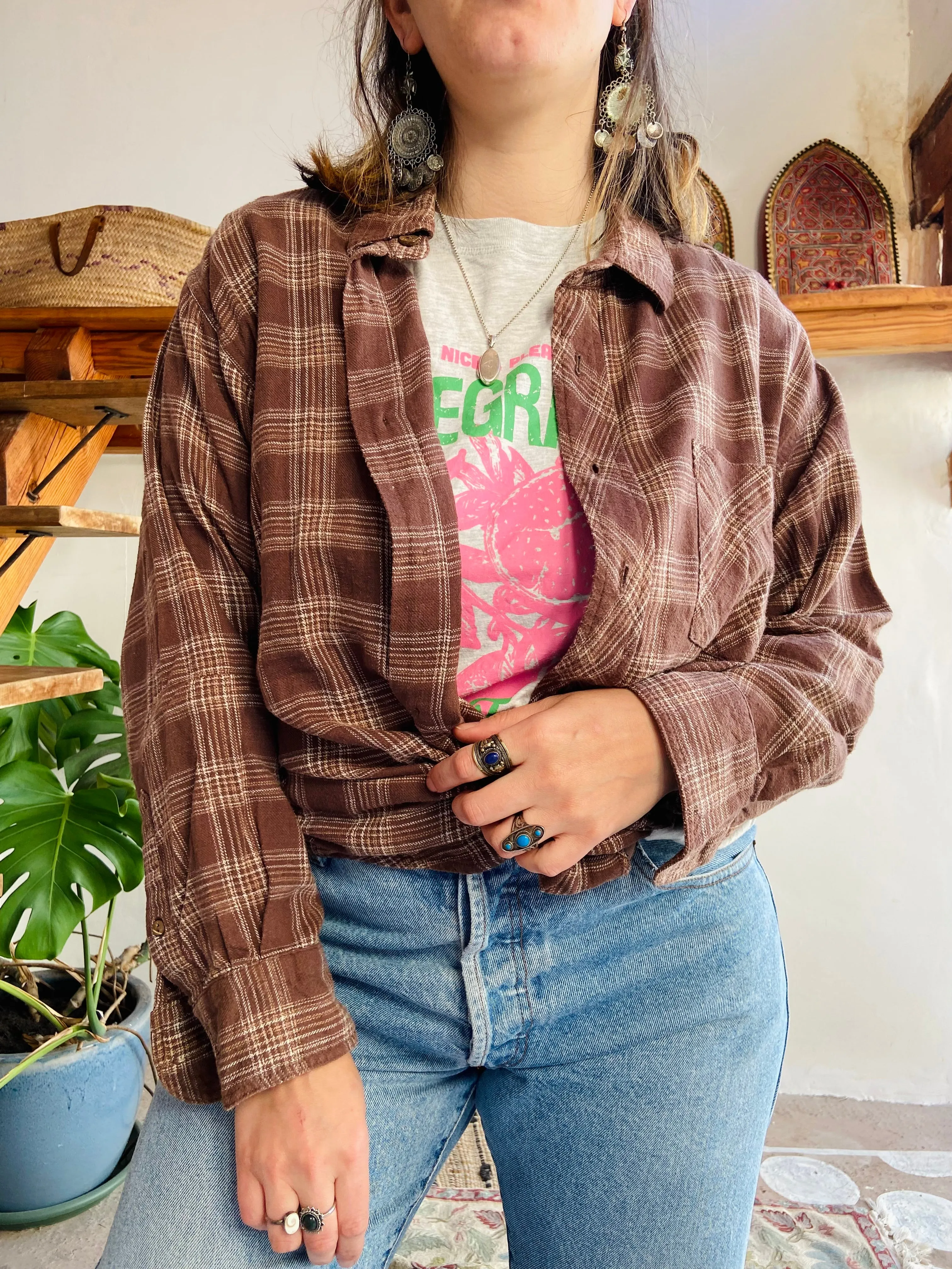 VINTAGE 90’s Brown Flannel Checked Long Sleeve Shirt - M/L