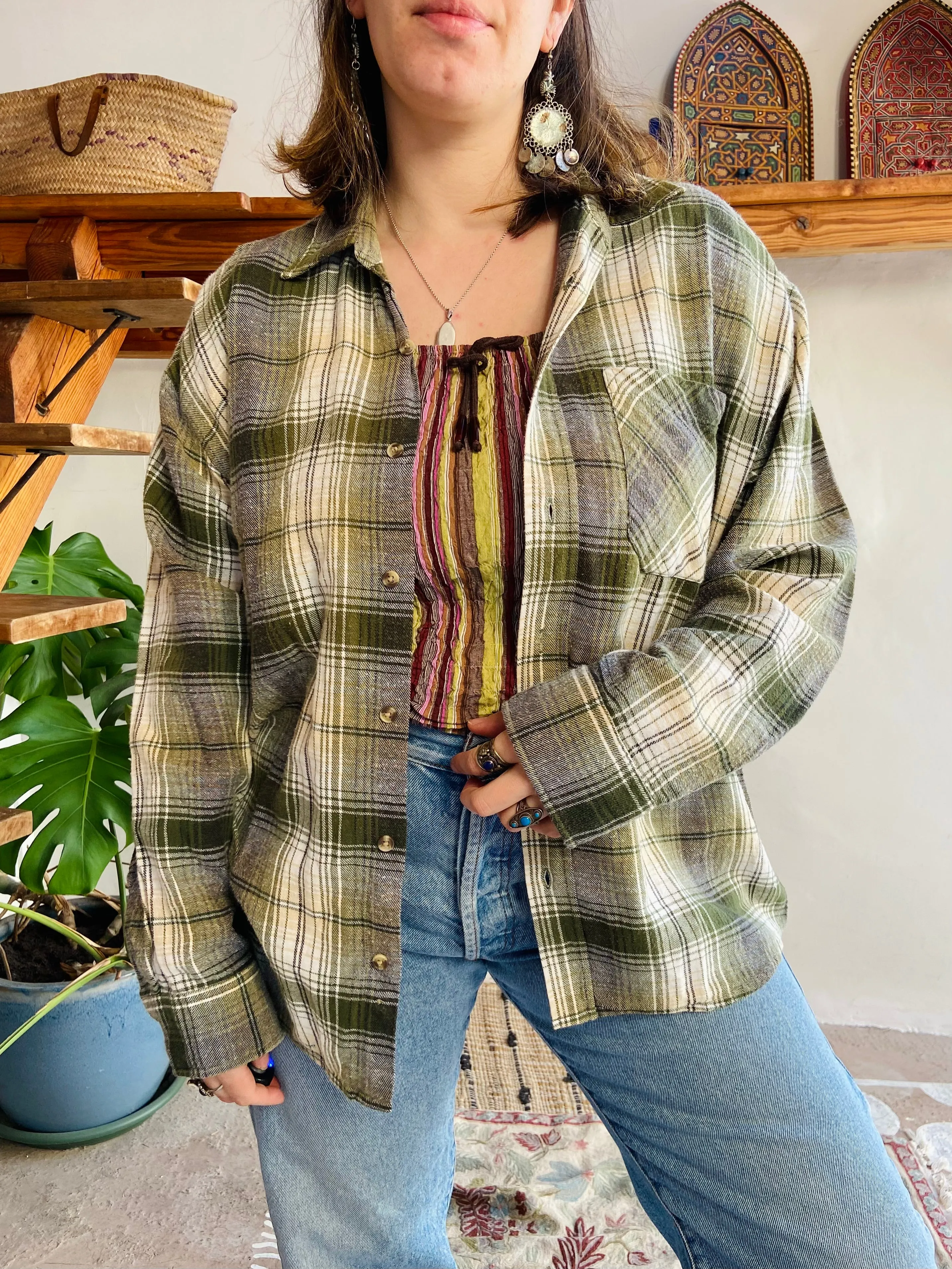 VINTAGE 90’s Green Flannel Checked Long Sleeve Shirt - M/L