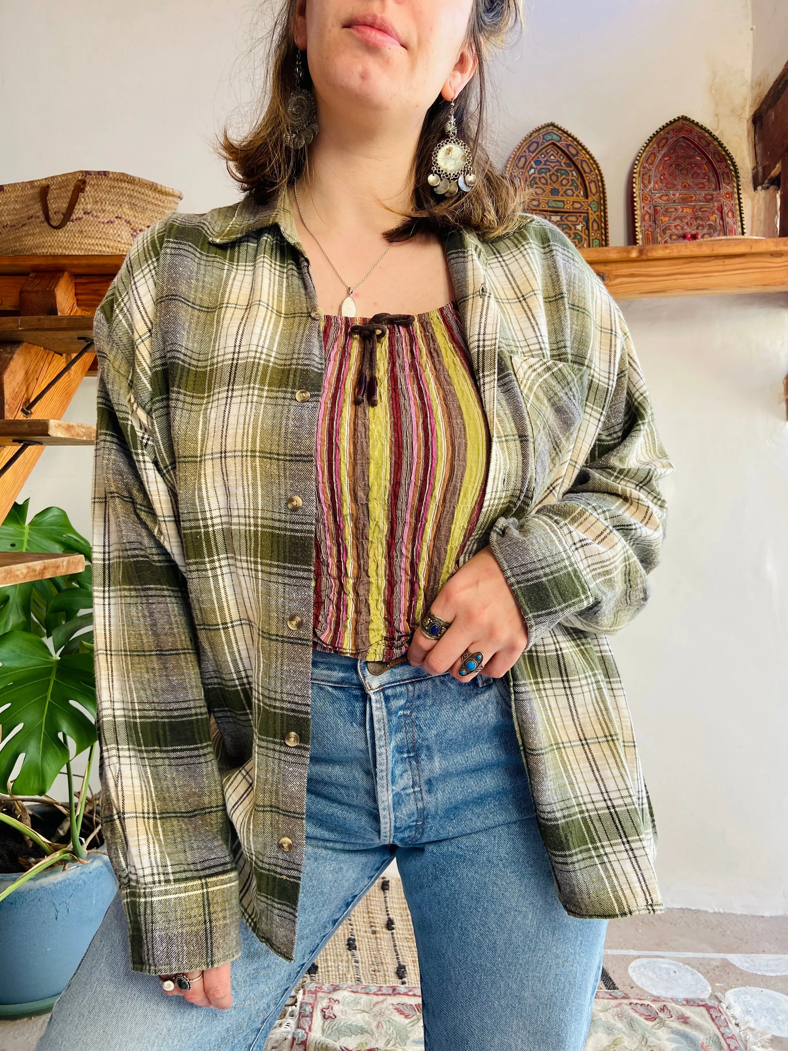 VINTAGE 90’s Green Flannel Checked Long Sleeve Shirt - M/L