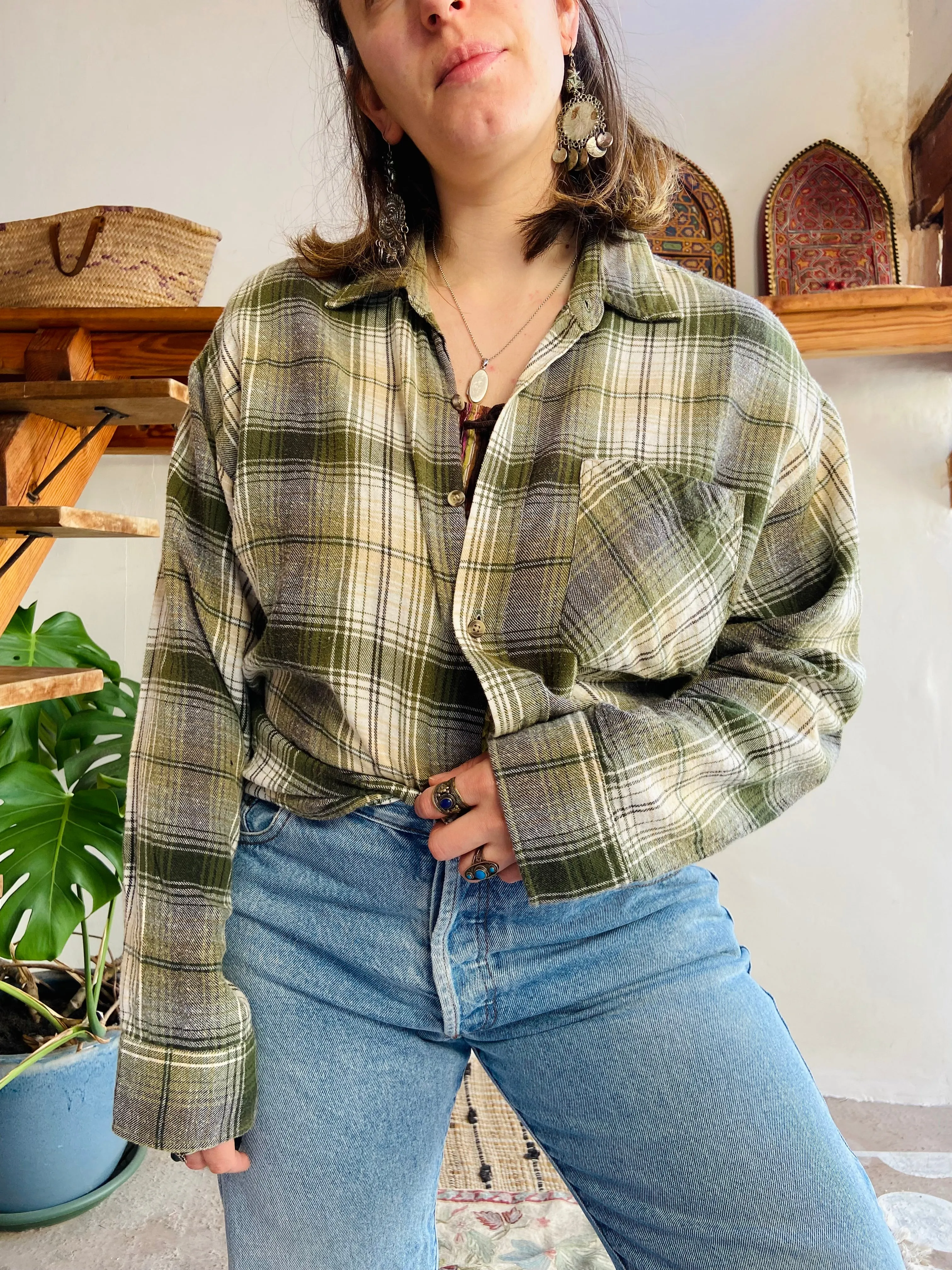 VINTAGE 90’s Green Flannel Checked Long Sleeve Shirt - M/L